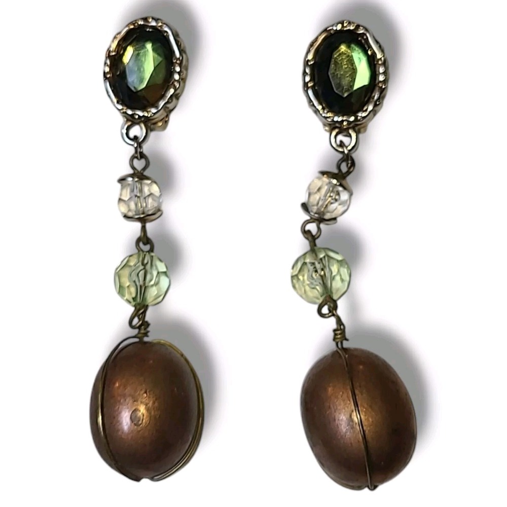 Vintage 80s/90s Green & Gold Tone Dangle Drop Clip-on Earrings